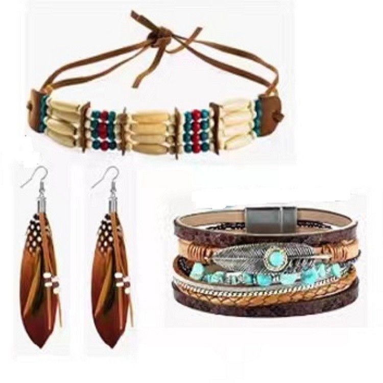 Amazon новые индийские браслет с перьями серьги с перьями деревянные бусины комплект воротника аксессуары для одежды