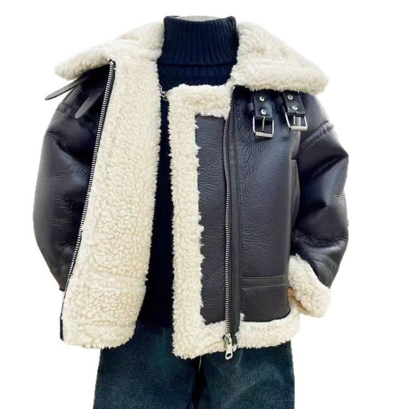 Boys' Autumn and Winter Outwears, Handsome Korean Style Velvet Thick Fur All-In-One Leather Outwears for Small and Medium-Sized Kidsren, Baby Lamb Velvet Outwears
