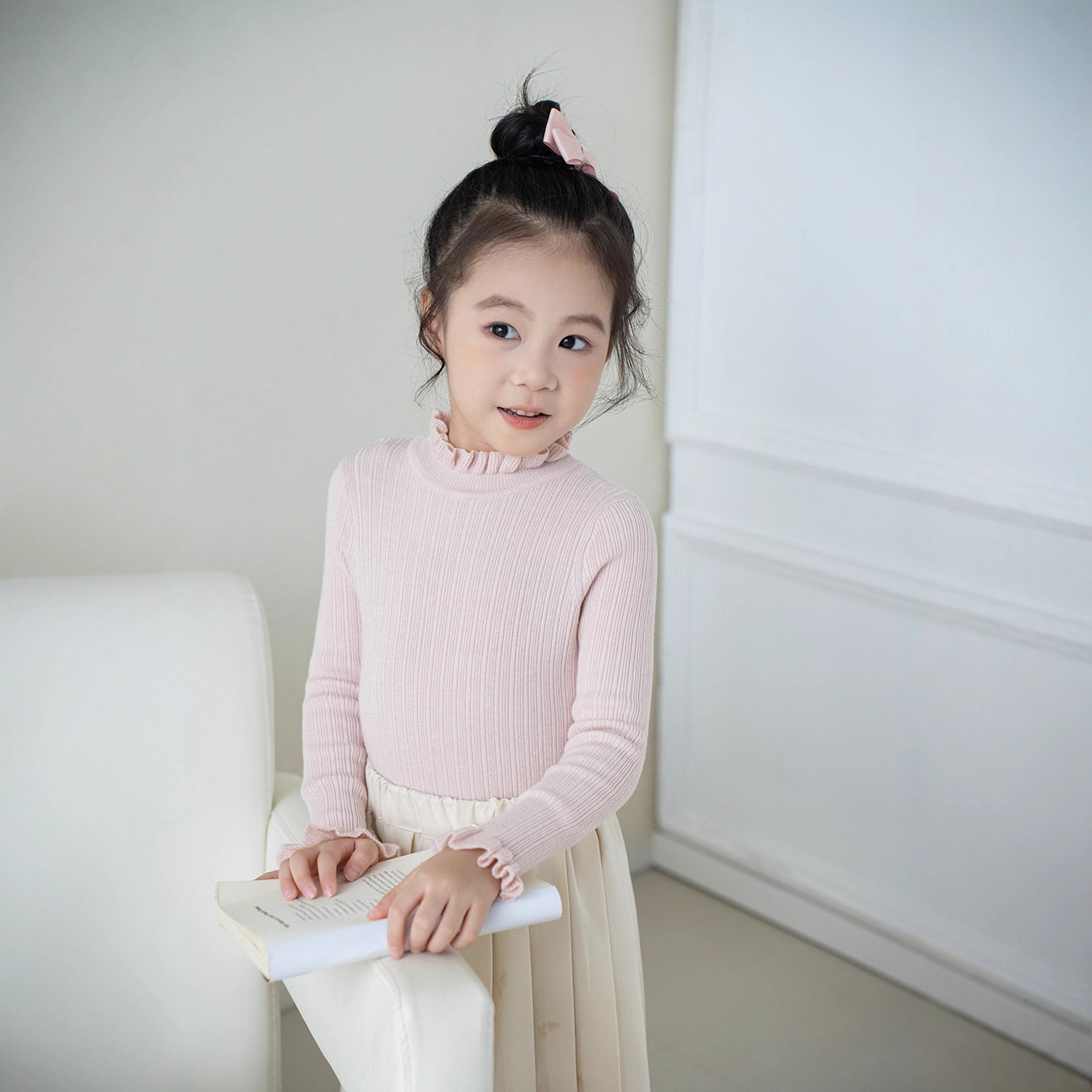 2025 Autumn/Winter New Girls' Wool Knitted Base Shirt Children's Ribbed Slim Fit Ruffled Mid-Neck Base Top