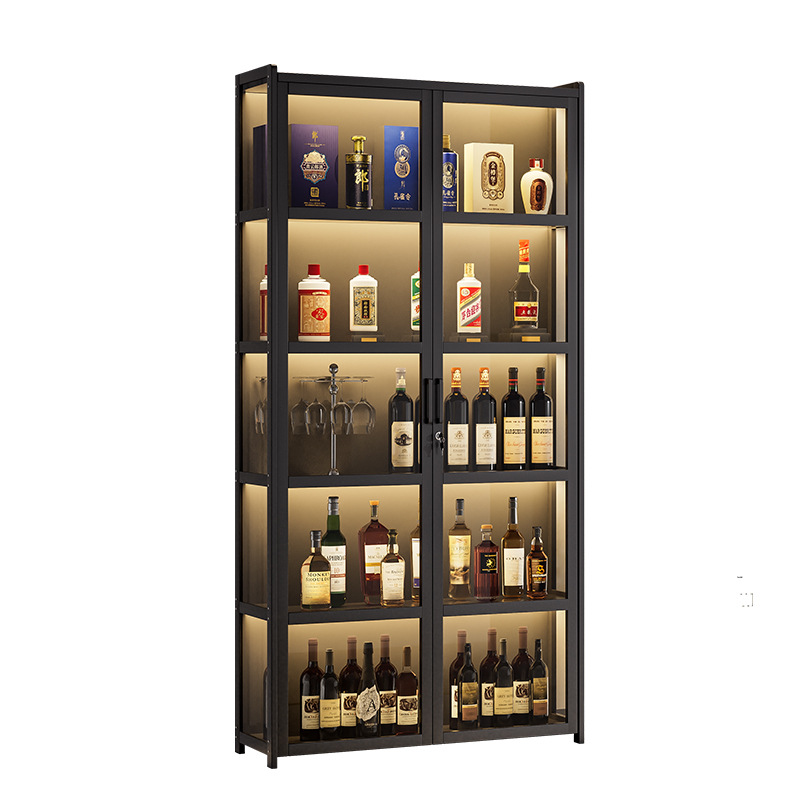 Home Living Room Red Wine Display Cabinet Floor-Standing Storage Cabinet with Lock Wine Cabinet Integrated Cabinet Against the Wall with Built-In Light Bar Storage Cabinet