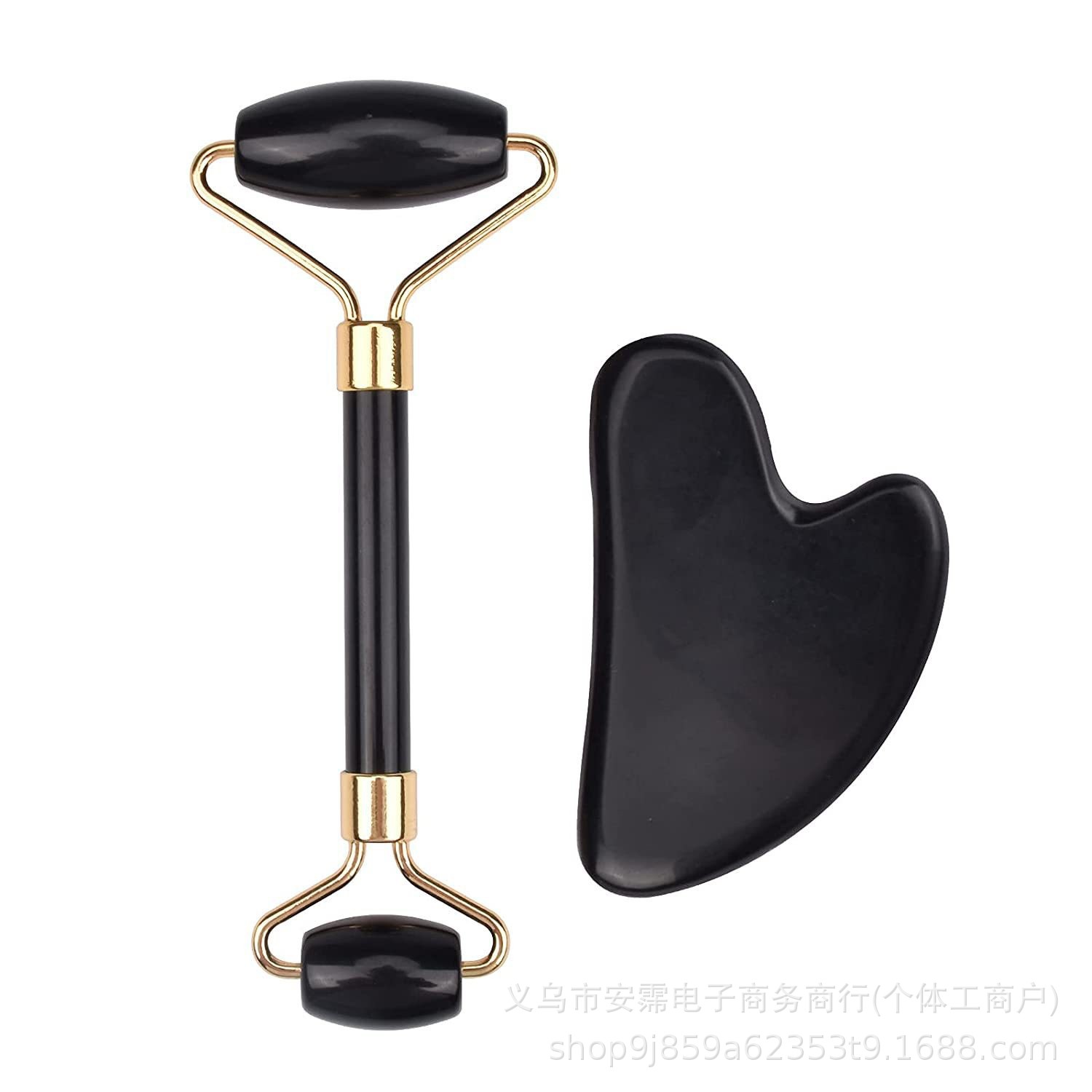 Cross-Border Heart-Shaped Rose Quartz Jade Roller Massage Set Eye and Face Double-Headed Roller Beauty Massage Stick Massager