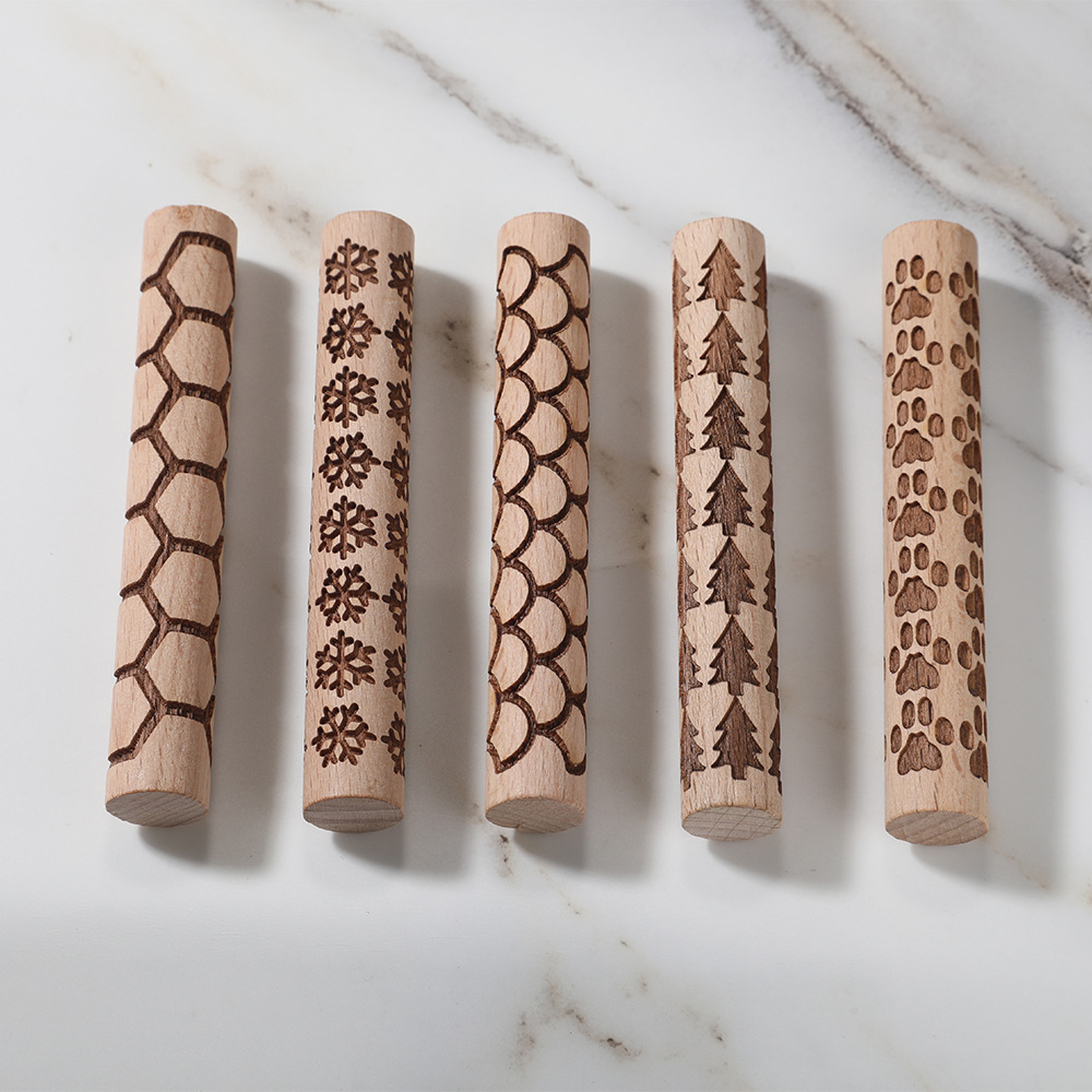New Beech Wood Embossed Rolling Pin Laser Engraving Pattern Printing Clay Tool Rolling Stick Clay Stick Printing