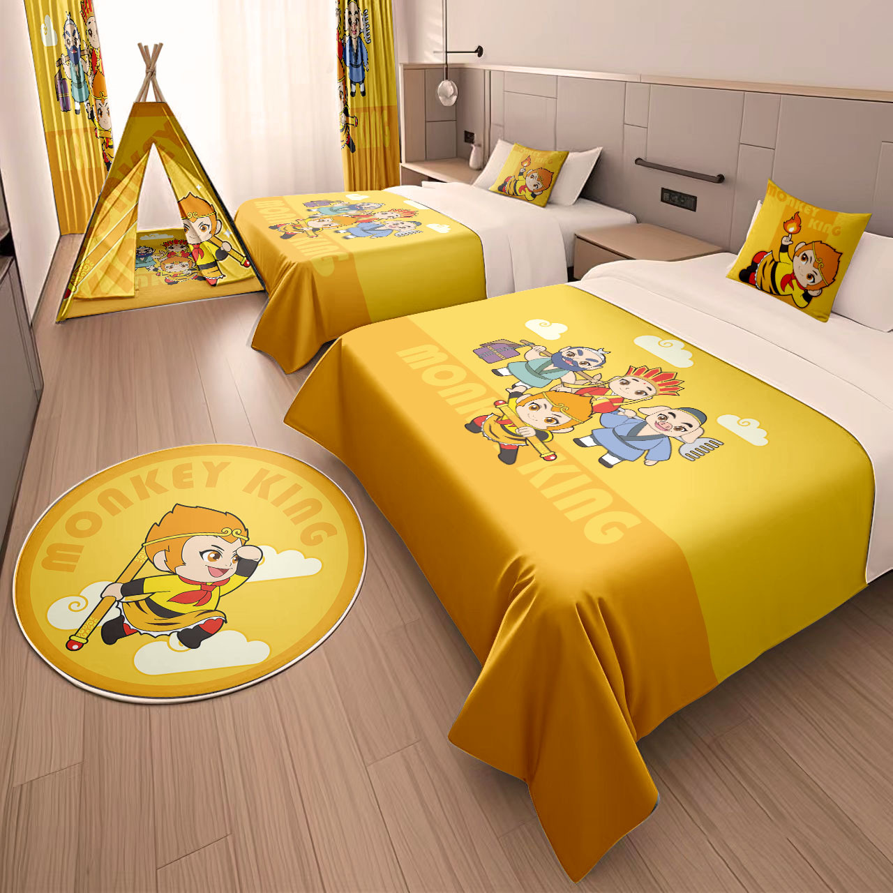 Hotel Family Room Decoration with Sun Wukong and Journey to the West Cartoon Bedspread, Pillow, Tent Decoration, and Homestay Theme Room Renovation