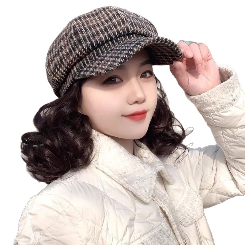 Hat Wig Autumn and Winter New Style Mom Hair Short Curly Hair Houndstooth Octagonal Hat Fashionable Lazy Versatile Elegant Headgear