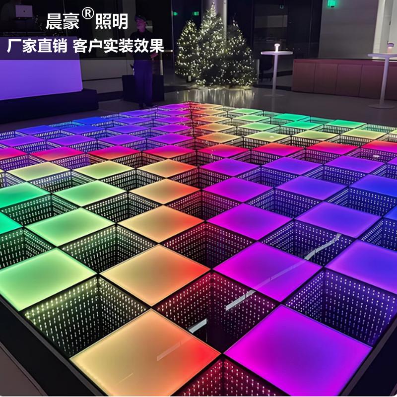 Melaleuca mirror abyss background wall Net red 3D multi-layer neon mirror luminous floor stage led induction floor tile light