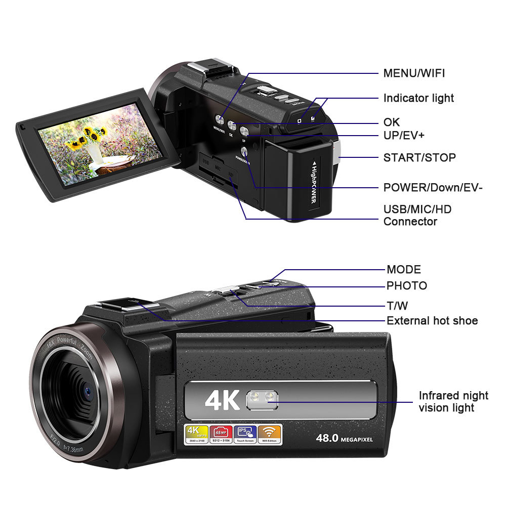Cross-Border Exclusive Supply of 4K High-Definition Digital Cameras, Outdoor Travel Shooting Recorders, Home Photography Dv Cameras