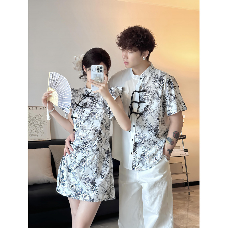 2025 New Summer Couple's Short-Sleeved Chinese Style Improved Women's Two-Piece Set