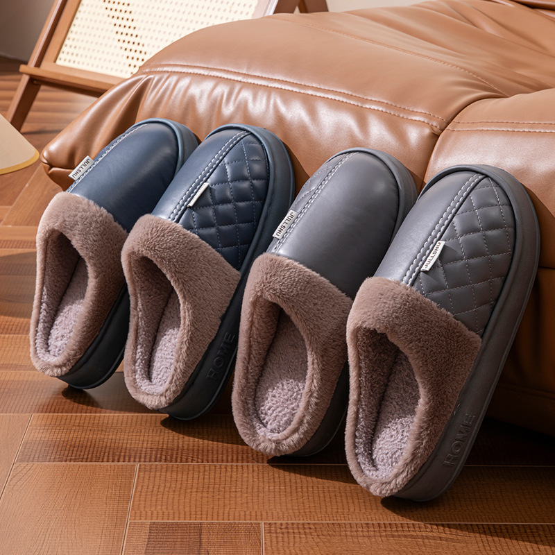 Old Man Cotton Slippers Men's Winter PU Waterproof Home Indoor Non-Slip Warm Old Man plus size Slippers for Women