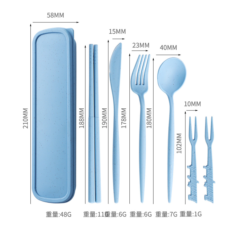 Cross-border Hot Wheat Straw Plastic Tableware Box suit Portugal Small Man Waist Knife, Fork and Spoon Outdoor Portable Tableware
