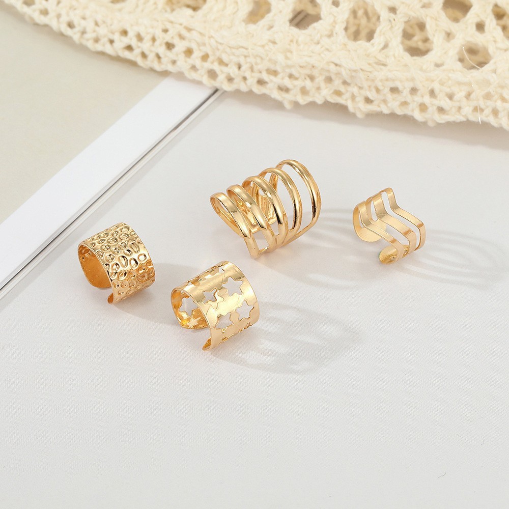 European and American Creative, Simple, Personalized, High-End Gold Non-Pierced Star Hollow Ear Cuff C-Shaped 4-Piece Set of Earrings