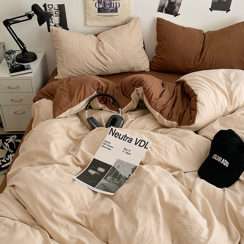 New Maternal and Infant Nude Sleeping Four-piece Set Washed Cotton Single Student Dormitory Three-piece Set Solid Color Bed Sheet Quilt Cover in