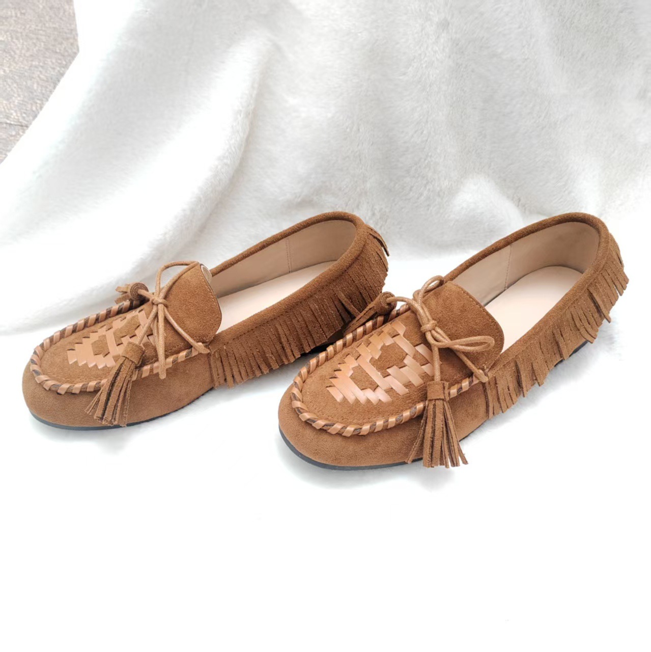 2025 Spring and Autumn New Style Suede Leather Boat Shoes Women's Flat Suzhou Bow Tassel Non-Slip Soft Sole Commuting Shoes