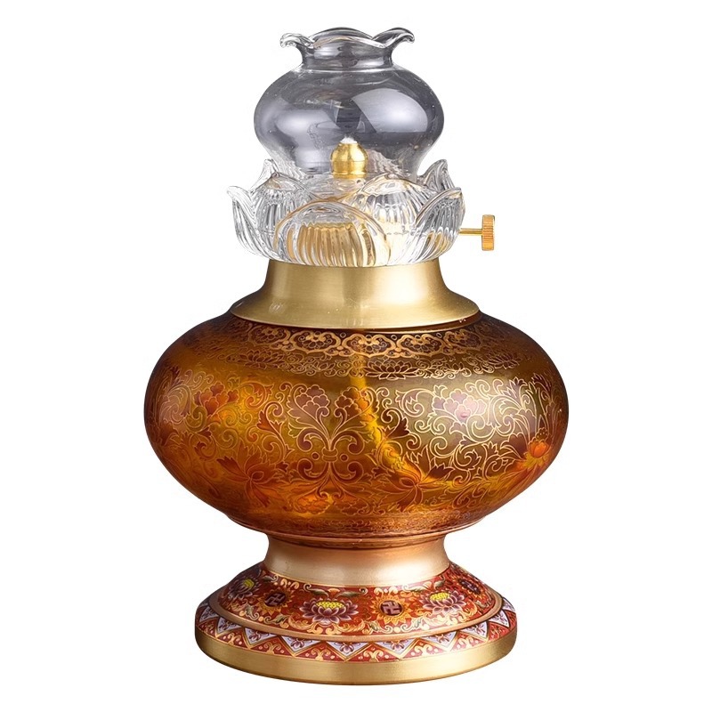 New dimmable copper butter lamp household Buddha lamp Buddha front lamp long bright lamp holder glass windproof Buddha oil lamp