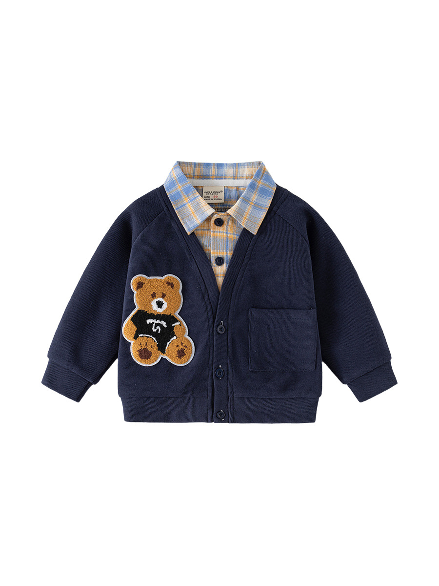 Spring new Korean version of fake two-piece coat children's fashion long sleeve sweater boy cartoon top tide children's clothing wholesale