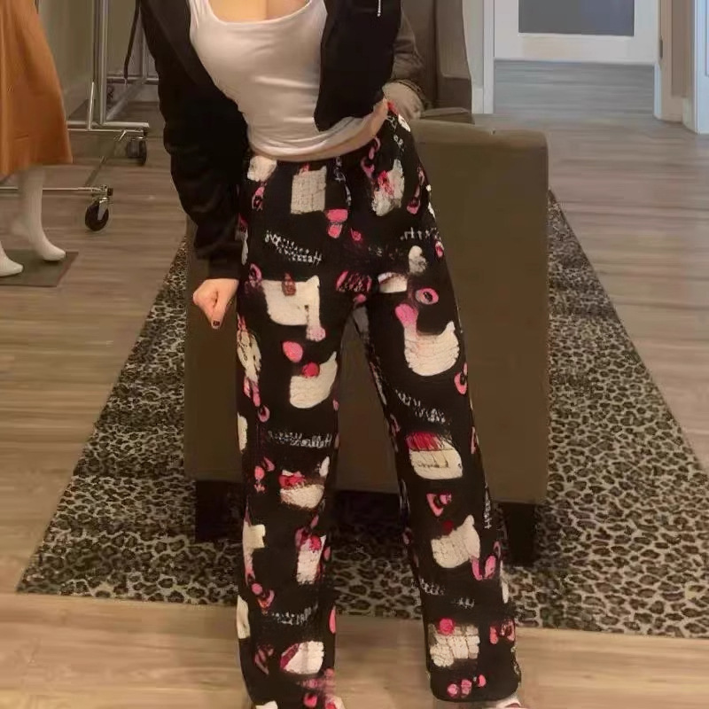 Halloween Cartoon Kt Cat Flannel Pajama Pants for Women, Autumn and Winter Fleece-Lined Warm Casual Home Kitty Pajama Pants Trendy