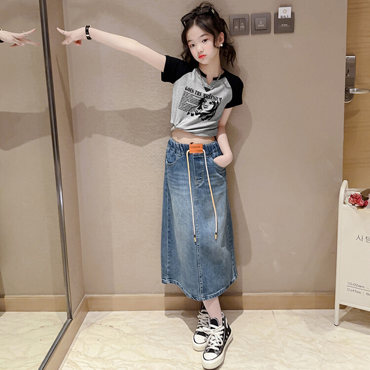 Outer Wholesale Girls Denim Skirt Summer New Korean Style Western Style Casual Denim Skirt for Older Girls Mid-Length