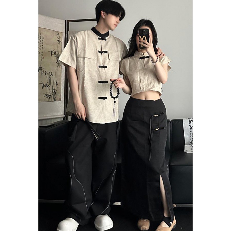 New Chinese Style Men's and Women's Chinese Style Jacquard Shirt with Vertical Collar Modified Women's Short Long Skirt Hanfu Republic of China Tang Suit Men's Style