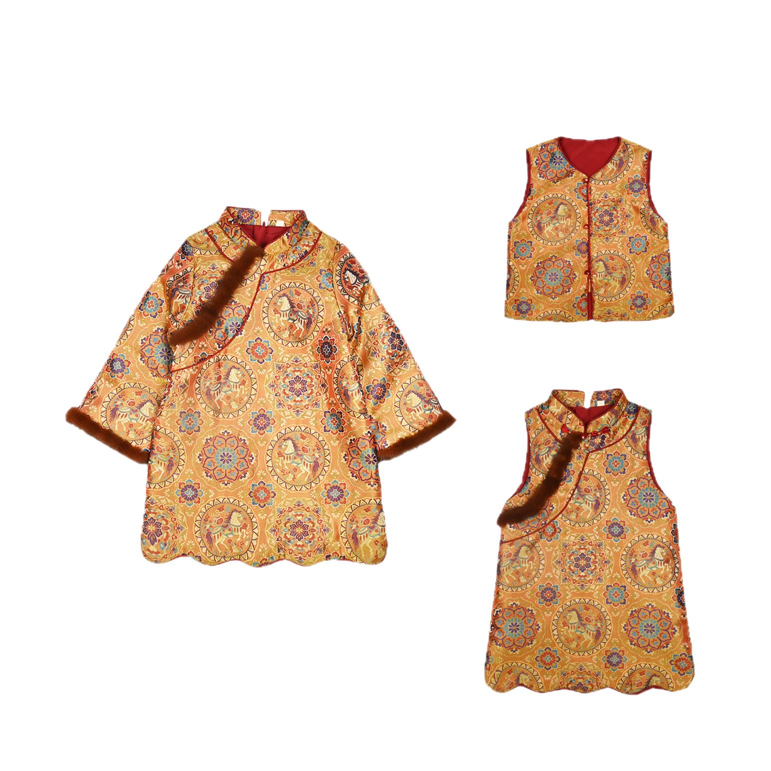 2025 New Chinese Style Hanfu Mink Fur Satin Jacquard Brocade Button Stand Collar Thickened Warm Cotton Vest