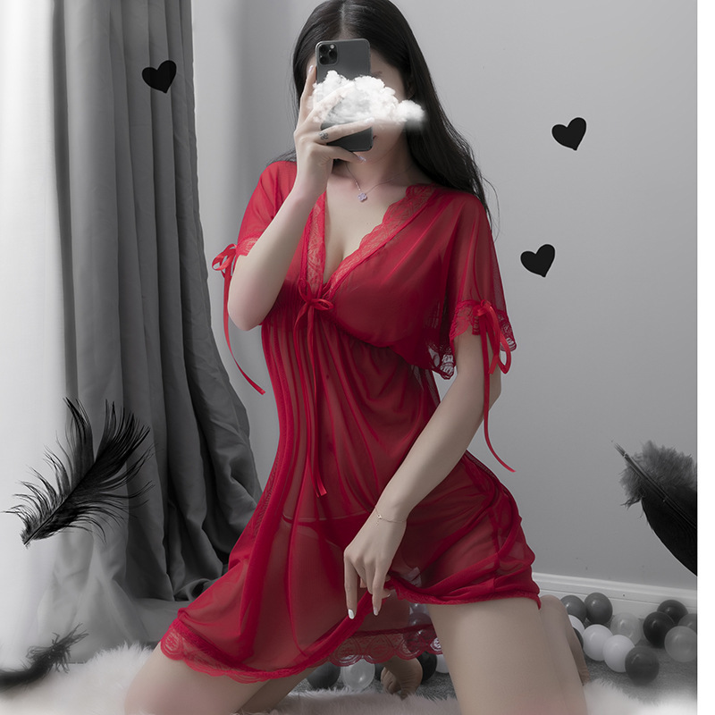 Large Size Sexy Lingerie European and American Sexy Pajamas Deep Transparent Mesh Women's Silk Nightgown