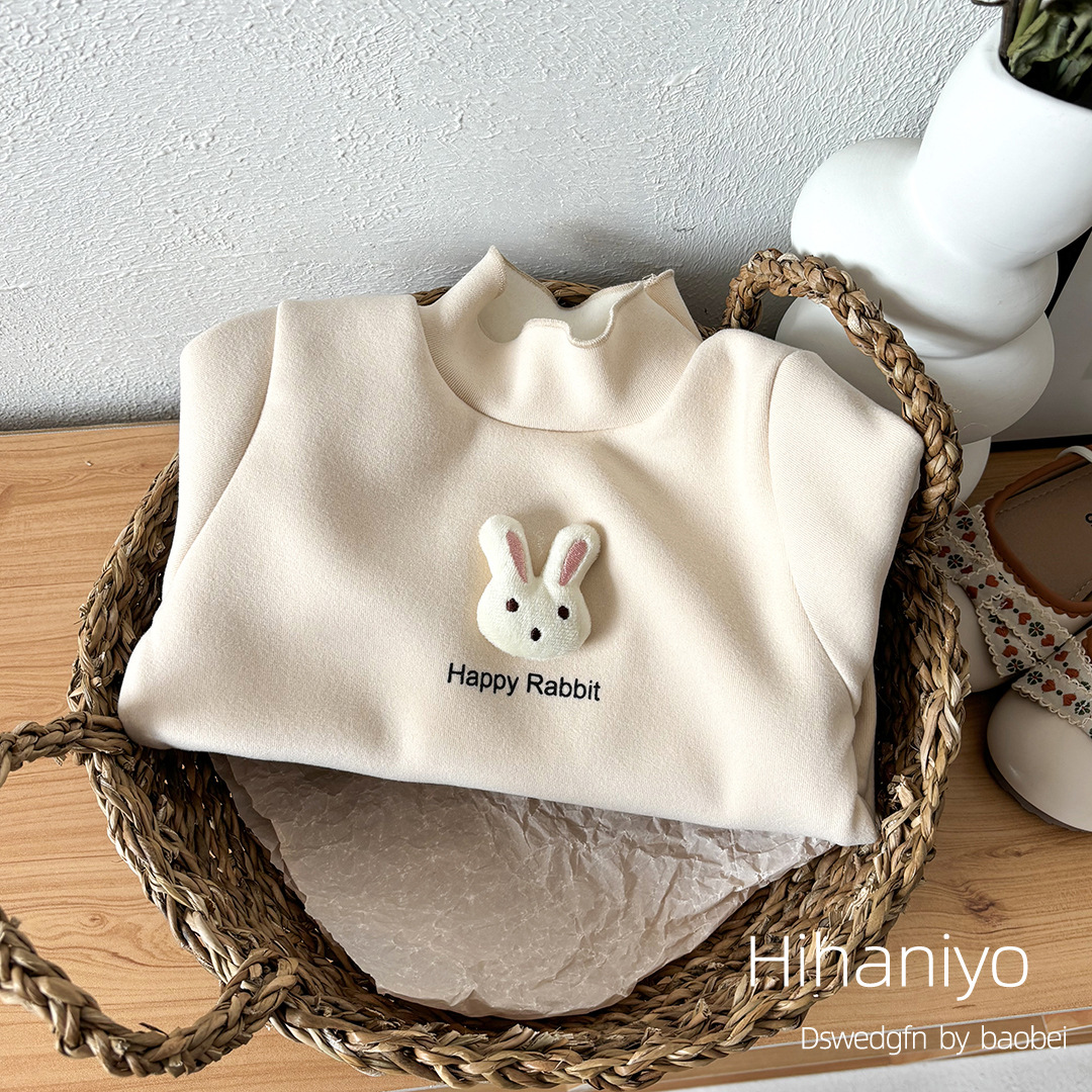 Girls Base Shirt Fleece Half High Collar Autumn and Winter New fleece-lined Children's Long Sleeve Thickened T-Shirt Korean Baby Top