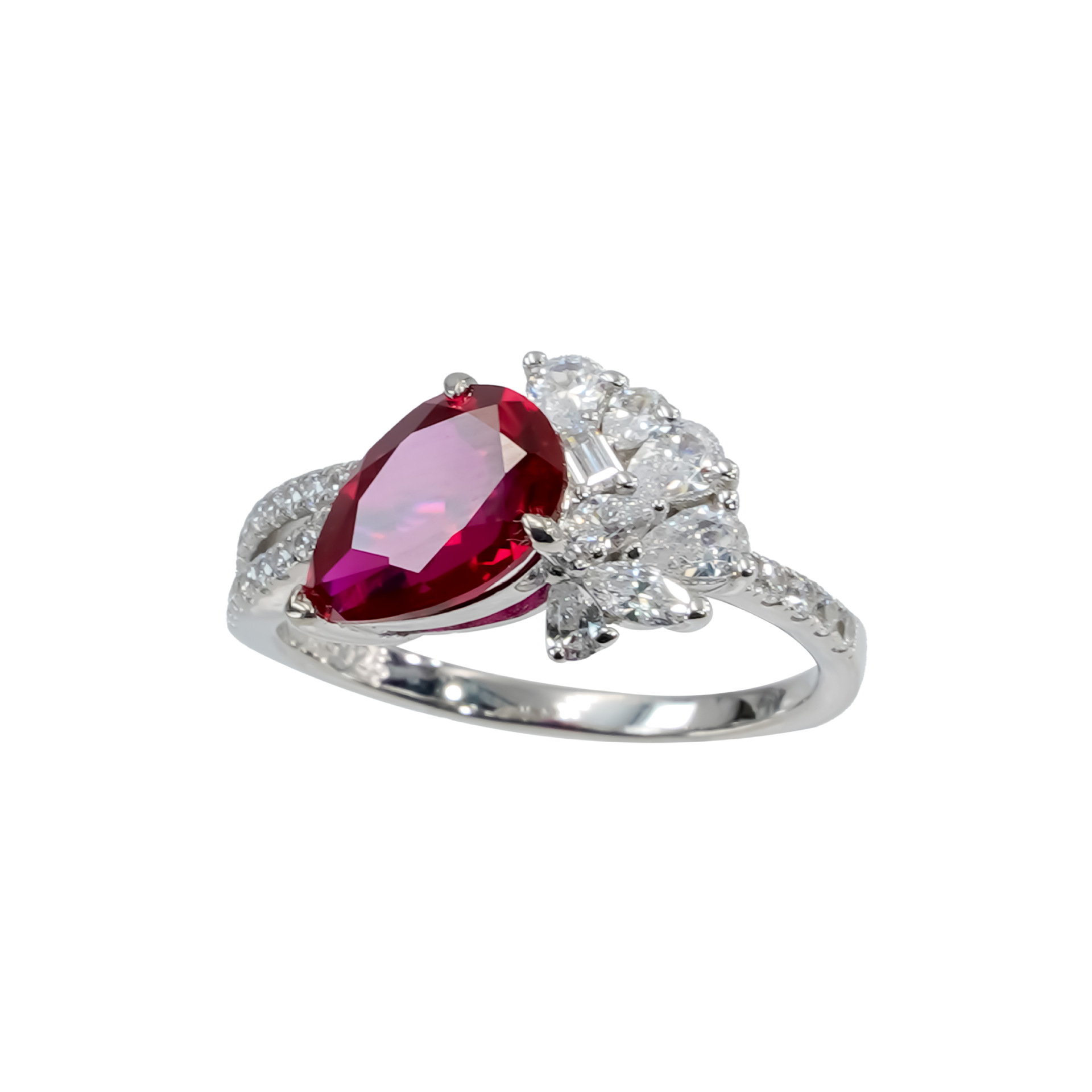 2.8ct Cultivated Ruby Pigeon Red Red Ring S925 Silver Advanced Elegant Retro Temperament Water Drop Pear Shape Temperament