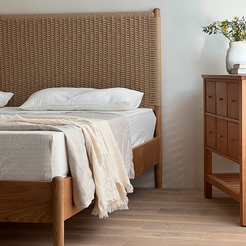 Nordic Rattan Double Bed, Wabi-Sabi Style, Popular in Internet-Famous Guesthouses and Hotels, Indoor Home Use, Vintage Style Solid Wood Bed, Simple Design