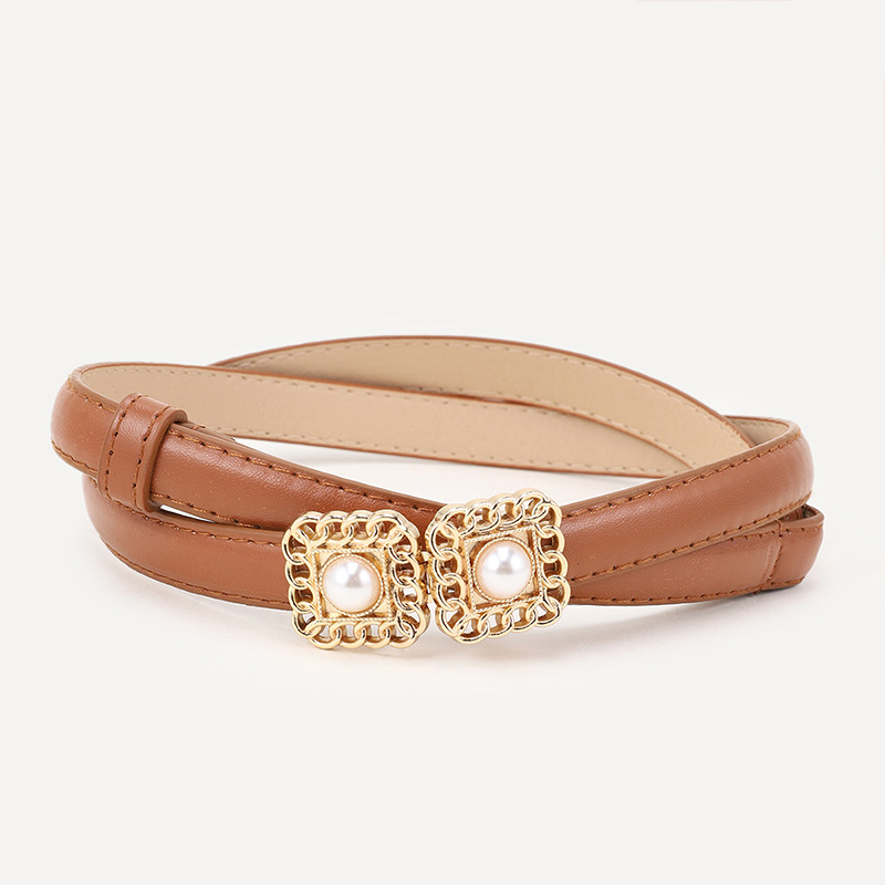 Women's vintage chain pearl belt Women's metal buckle buckle thin belt decorative coat shirt dress