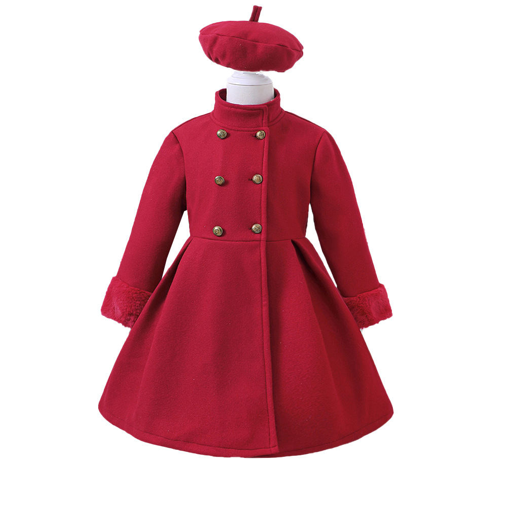 EW foreign trade children's clothing big girls autumn and winter new vertical collar double-breasted woolen coat with hat DWT632-C