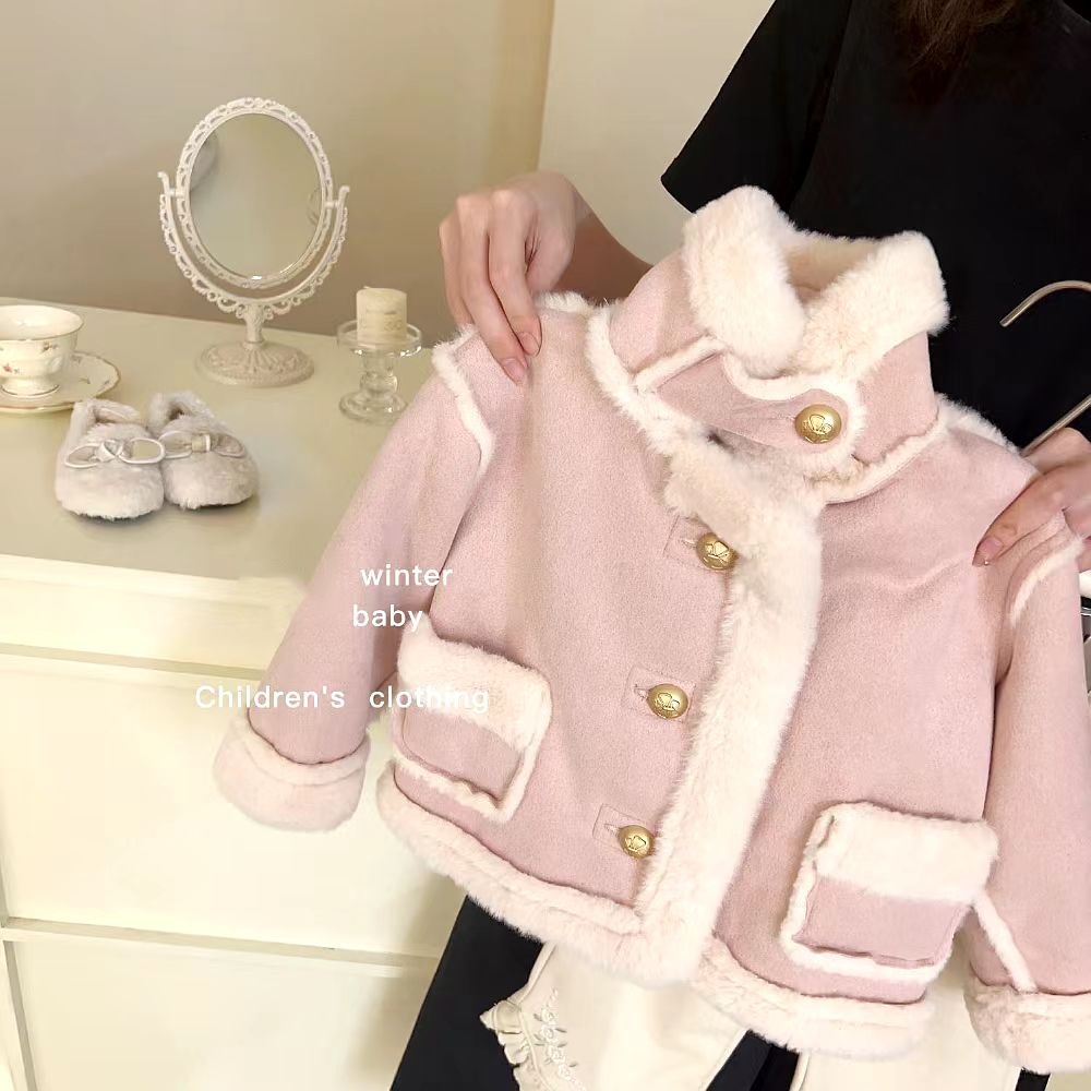 Girls' Outwears Autumn and Winter Clothing 2025 New Velvet Thickeneded Kidsren's Princess Tops Fashionable Baby Winter Kidsren's Clothing