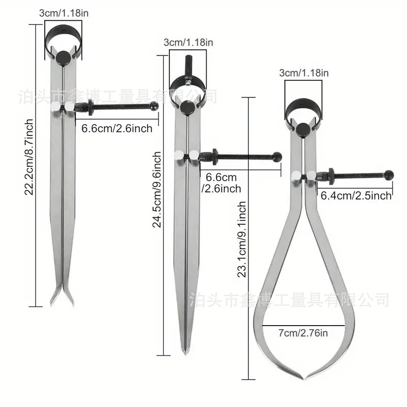 Pitch Gauge Set Carbon Steel Flat Foot Gauge 200mm 8 Inch 3-Piece Set Spring Scriber Internal and External Calipers