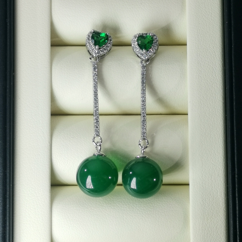 high quality round natural green chalcedony earrings Joker classic green chalcedony earrings factory wholesale fashion new
