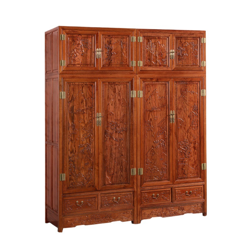Chinese Carved Bedroom Large Wardrobe Solid Wood Top Box Cabinet Combination Furniture 4-Door Fully Assembled Double-Layer Cabinet Storage Cabinet Antique