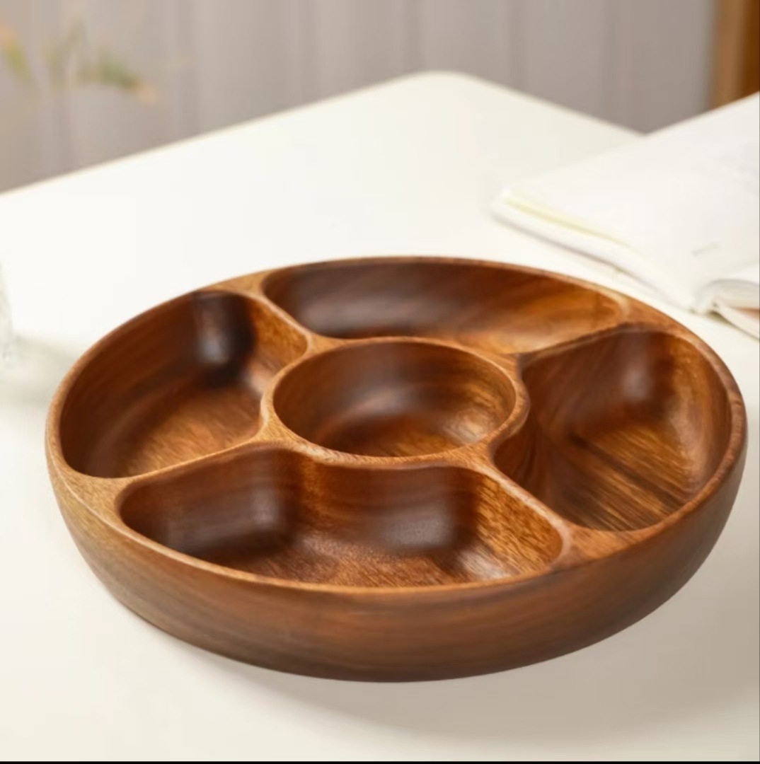 Fruit Plate, Refreshment Plate, Walnut Five-Compartment Round Snack Plate, Dried Fruit Box