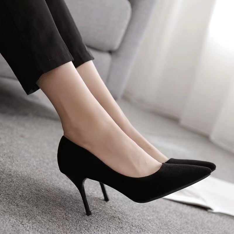 34-42 plus size High Heels Women's 2024 Spring and Autumn New Black Stiletto Pointed Toe Suede Professional Work Shoes