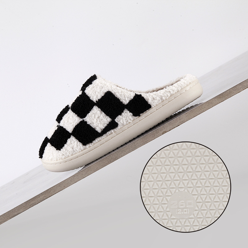 New Comfortable Home Checkerboard Warm Winter Cotton Slippers for Couples, Men and Women, Thick-Soled Soft-Soled Shoes, Thickened and Non-Slip