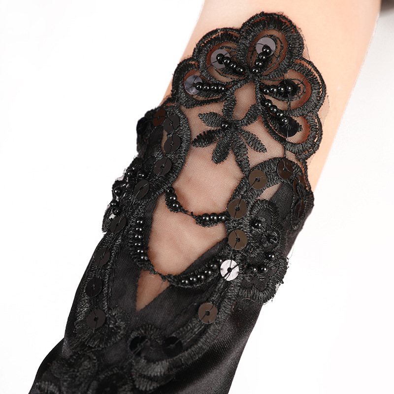 Hollow-out Gloves Wedding Wedding Dress Long Lace Embroidered Nail Beads Finger-revealing Wedding Gloves Hook Finger Black White Finger-free