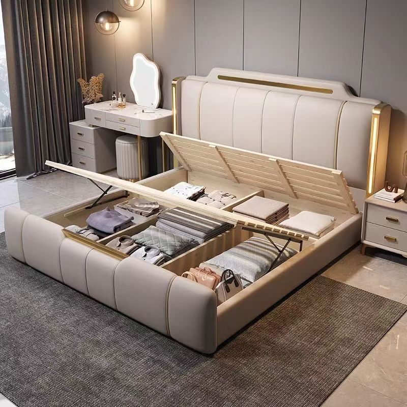 Master Bedroom Bed, New Italian-Style Light Luxury Leather Bed, Modern Minimalist Leather Bed, Master Bedroom Elegant High-End Double Bed, Upholstered Wedding Bed