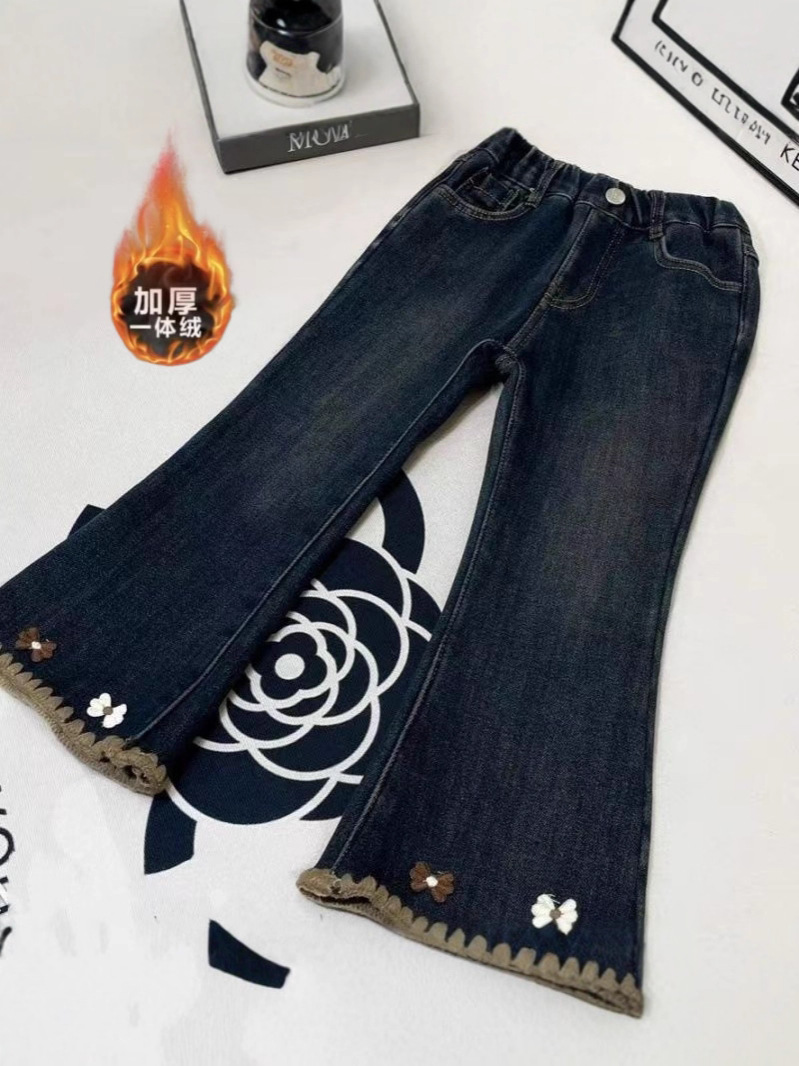 Girls' Fleece-Lined Autumn and Winter Jeans 2025 Integrated Fleece Narrow Jeans Fashionable Slim Fit Stylish Flared Pants