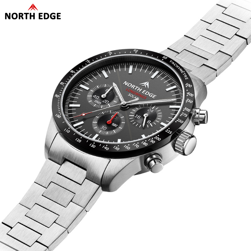 Light Wave Watch Stainless Steel Electronic Watch Three-Eye Chronograph Pointer Solar Charged Quartz Watch Luminous Waterproof Men