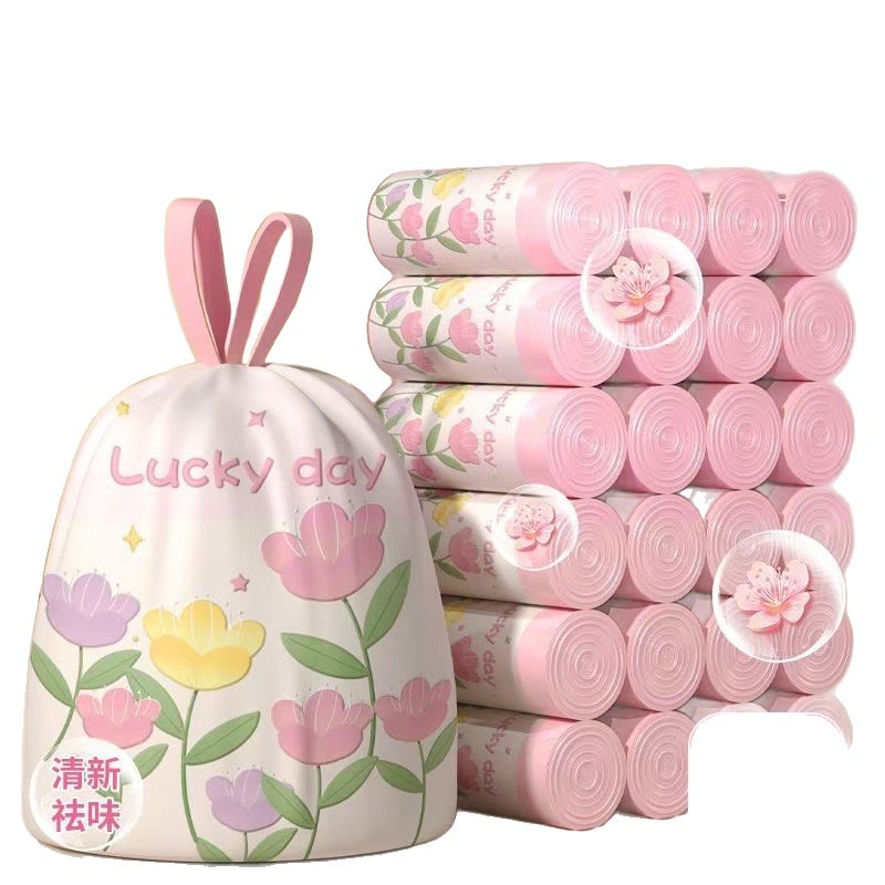 Tear-free Tulip Garbage Bag Drawstring Thickened Portable Kitchen Kitchen Disposal Special Automatic Nouch Printed Plastic Bag
