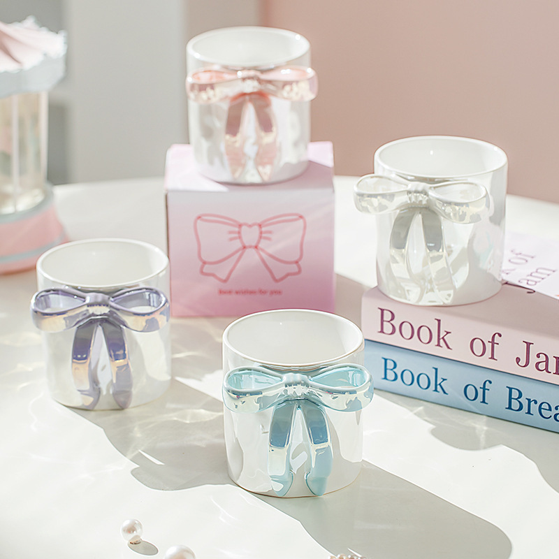 High-grade bow ceramic mug creative water cup new breakfast cup coffee cup female home birthday gift