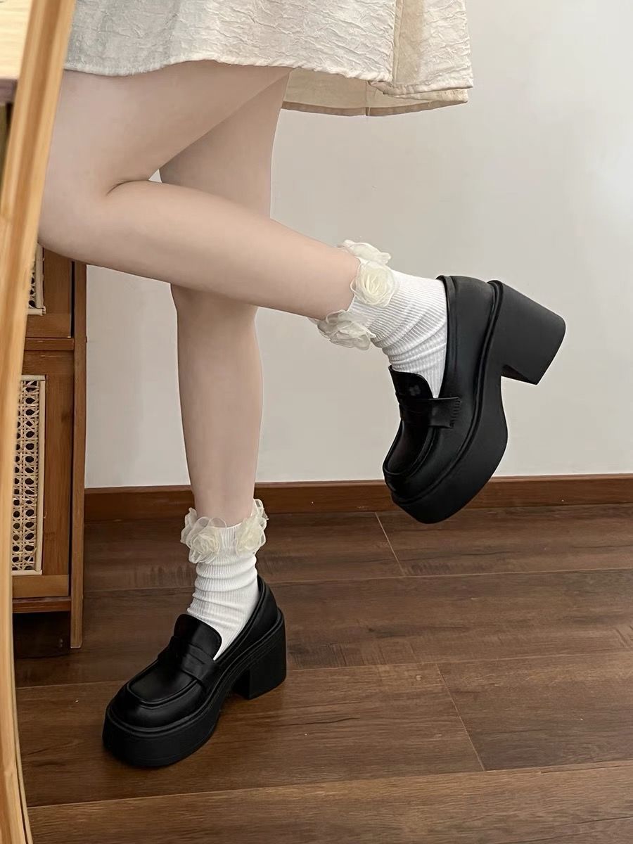 Retro British Style Black Thick Heel Heightening Thick-Soled Small Leather Shoes for Women Summer 2024 New High-Heeled French Loafers