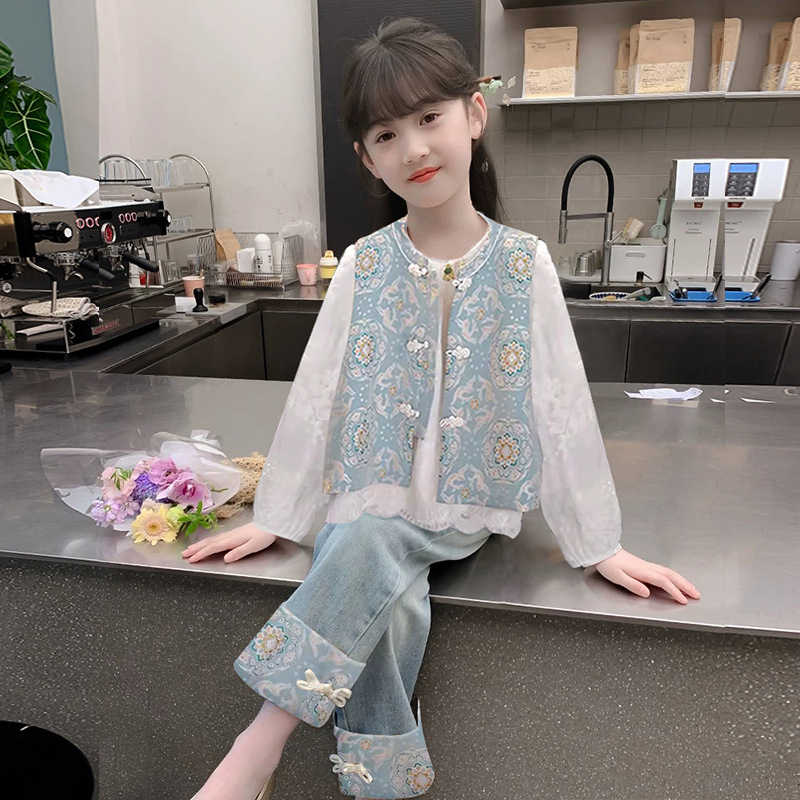 Детский ханфу для девочек 2025 Новая весенняя одежда Модный китайский стиль Национальный костюм Весенний и осенний комплект из двух предметов для девочек