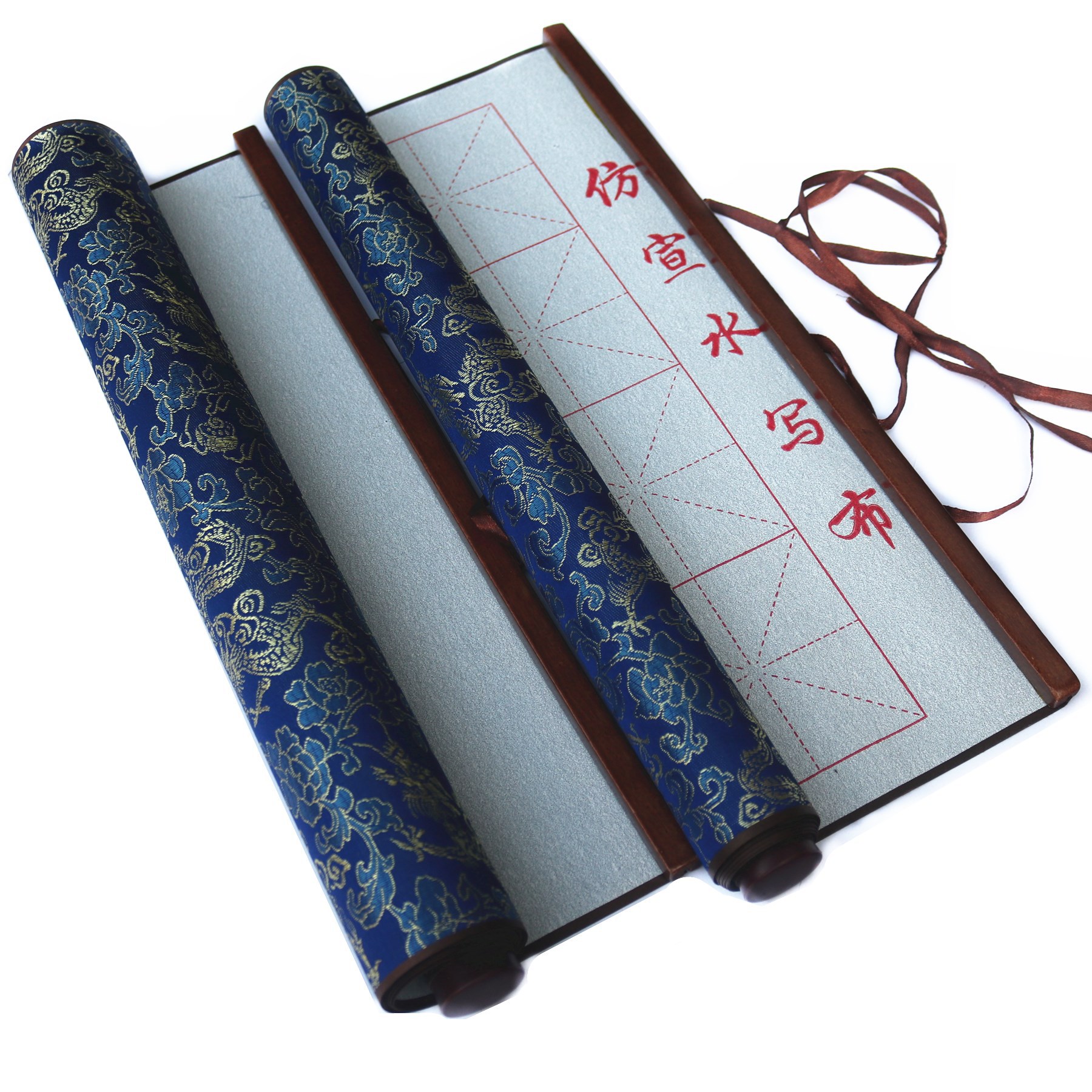 Factory wholesale study Four Treasures thickened brocade imitation Xuan water writing cloth brush calligraphy clear water ink wooden pole scroll