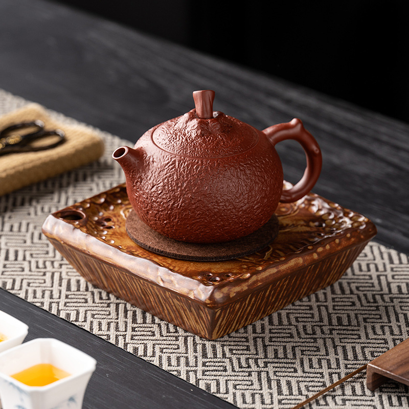 Large Japanese-Style Purple Clay Teapot with a Square Base for Brewing Tea, Featuring a Rustic Pottery Design