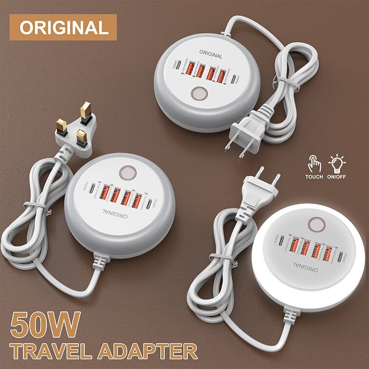 Cross-border new PD plug charger with button luminous dual C + 4USB multi-port multi-function smart plug
