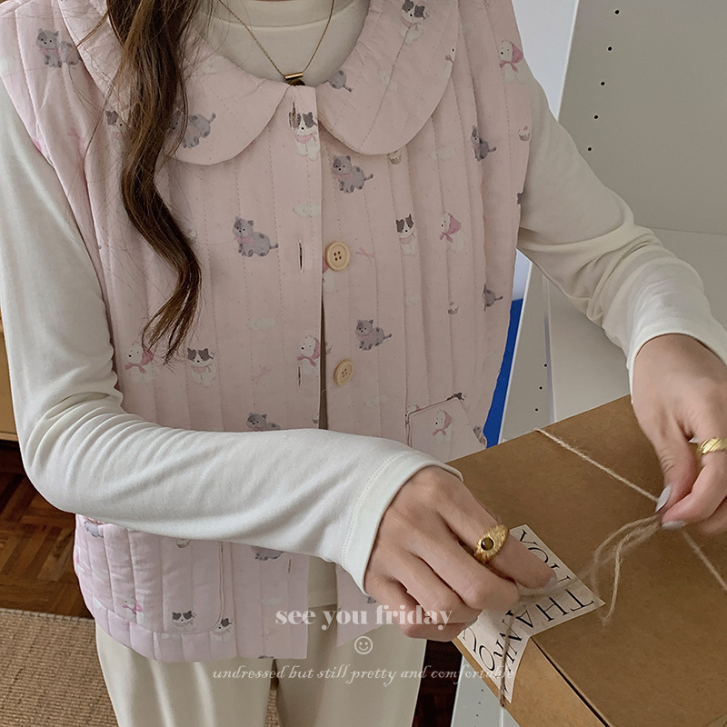 Three-layer Quilted Cotton Two-color Cartoon Doll Collar Cotton Vest Autumn and Winter Pajamas Women's 2024 New Outfit