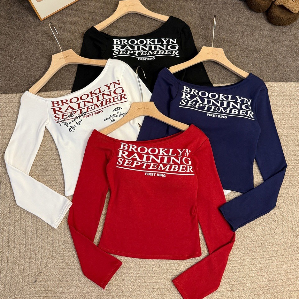 5175 # American Sexy Sexy Off-Shoulder Long-Sleeved T-Shirt for Women with Tight Inner Fit and Slim Waist Belt and Chest Pad Bottoming Top