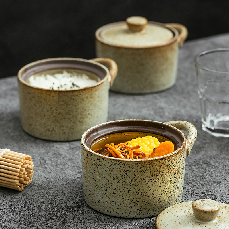 Household Ceramic Water-Proof Stew Pot Japanese Stoneware Stew Pot with Lid Retro Food Bowl Soup Cup Restaurant Hotel Bowl