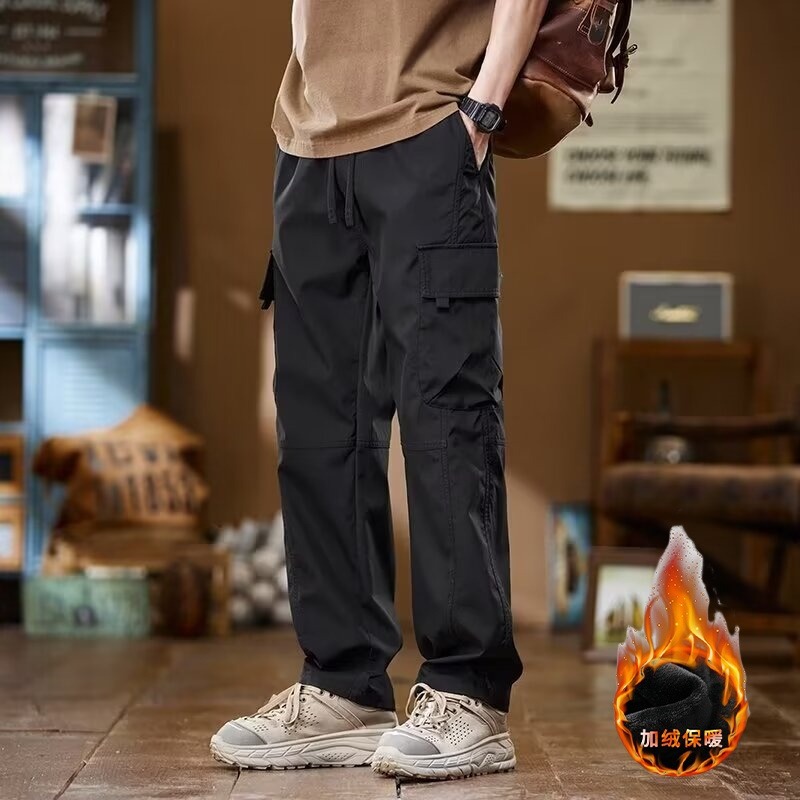 American-Style Straight-Leg Cargo Pants for Men, Autumn and Winter, Loose Fit, Multi-Pocket Men's Pants, Casual Pants, Long Pants, Fleece-Lined, Wear-Resistant